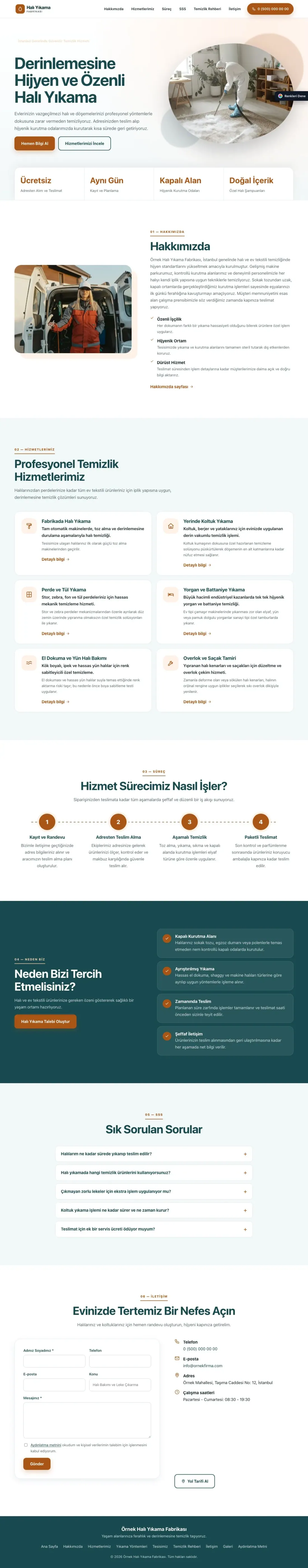 Halı Yıkama için Tek Sayfa Petrol Turuncu – Halı Yıkama Web Sitesi ana sayfa görünümü