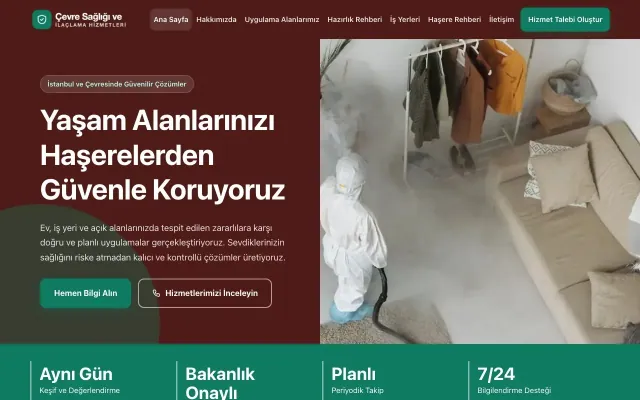 Blok Bordo Turkuaz – Haşere İlaçlama Web Sitesi ana sayfa görünümü