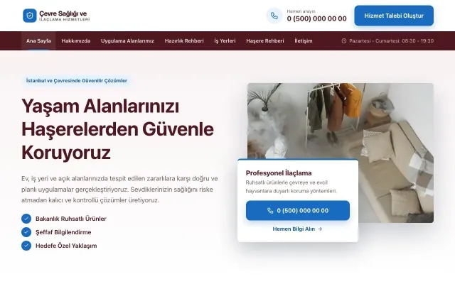 Bölünmüş Bordo Mavi – Haşere İlaçlama Web Sitesi ana sayfa görünümü
