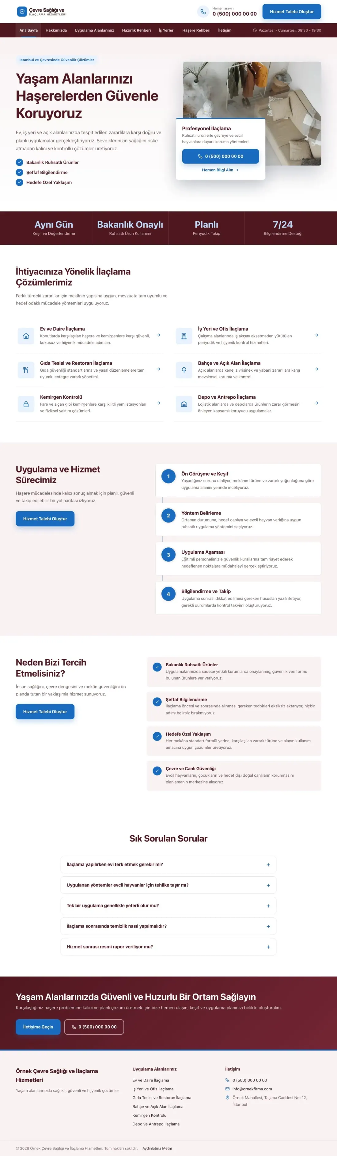 Bölünmüş Bordo Mavi – Haşere İlaçlama Web Sitesi ana sayfa görünümü