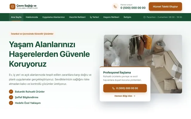 Bölünmüş Yeşil Turuncu – Haşere İlaçlama Web Sitesi ana sayfa görünümü
