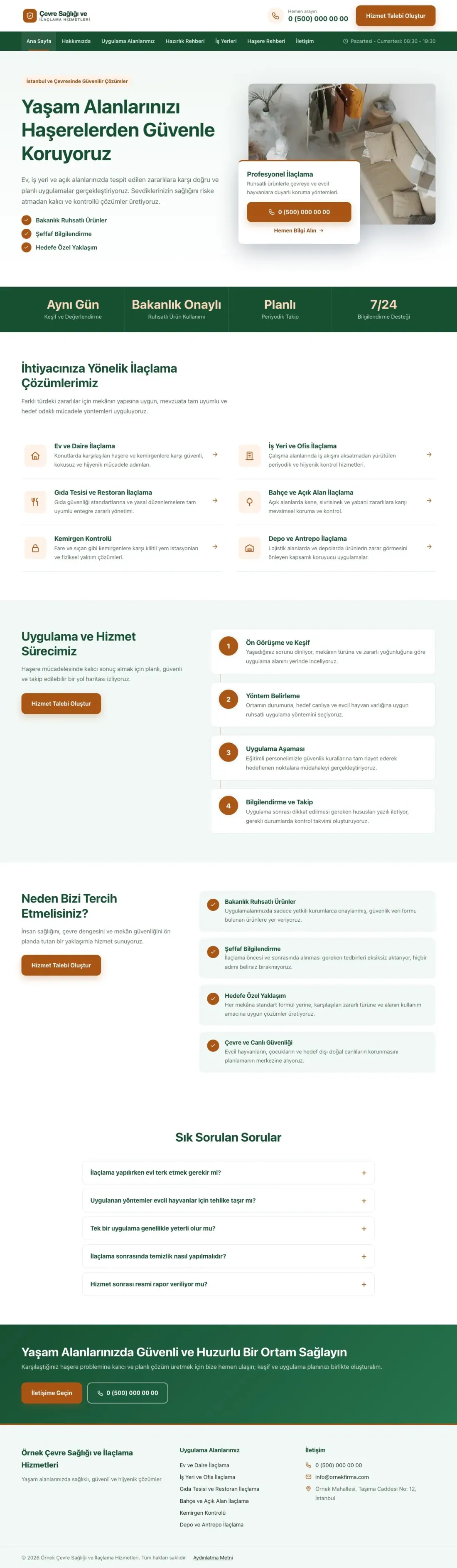 Bölünmüş Yeşil Turuncu – Haşere İlaçlama Web Sitesi ana sayfa görünümü