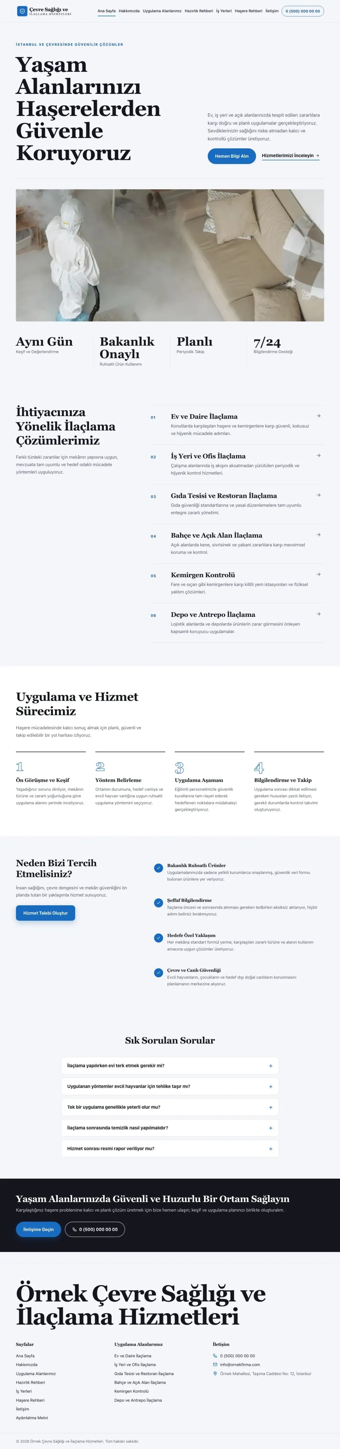 Editoryal Lacivert Mavi – Haşere İlaçlama Web Sitesi ana sayfa görünümü