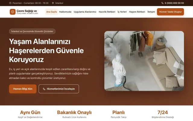 Klasik Kahve Turuncu – Haşere İlaçlama Web Sitesi ana sayfa görünümü