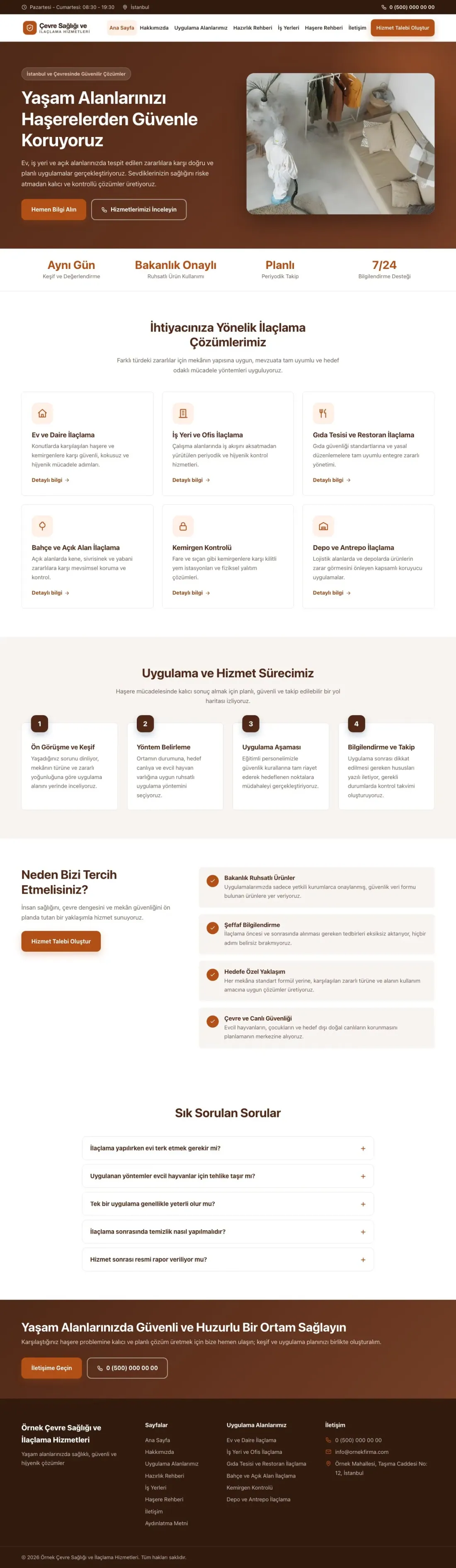 Klasik Kahve Turuncu – Haşere İlaçlama Web Sitesi ana sayfa görünümü