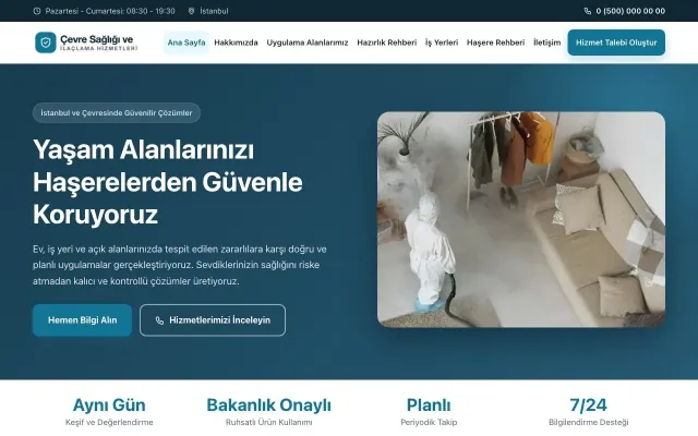 Klasik Mavi Turkuaz – Haşere İlaçlama Web Sitesi ana sayfa görünümü