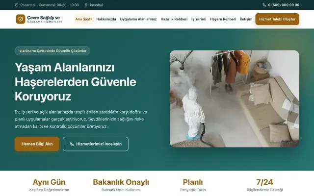 Klasik Petrol Turuncu – Haşere İlaçlama Web Sitesi ana sayfa görünümü