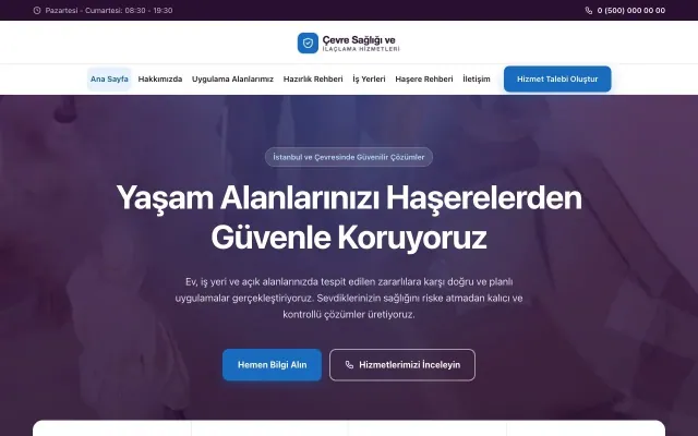 Merkez Mor Mavi – Haşere İlaçlama Web Sitesi ana sayfa görünümü