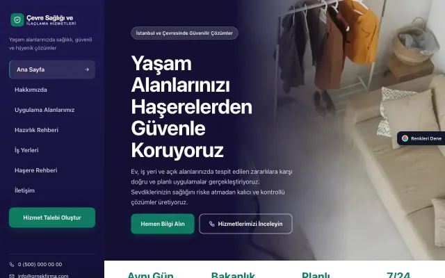 Haşere İlaçlama için Sol Menü Lacivert Turkuaz – Haşere İlaçlama Web Sitesi ana sayfa görünümü