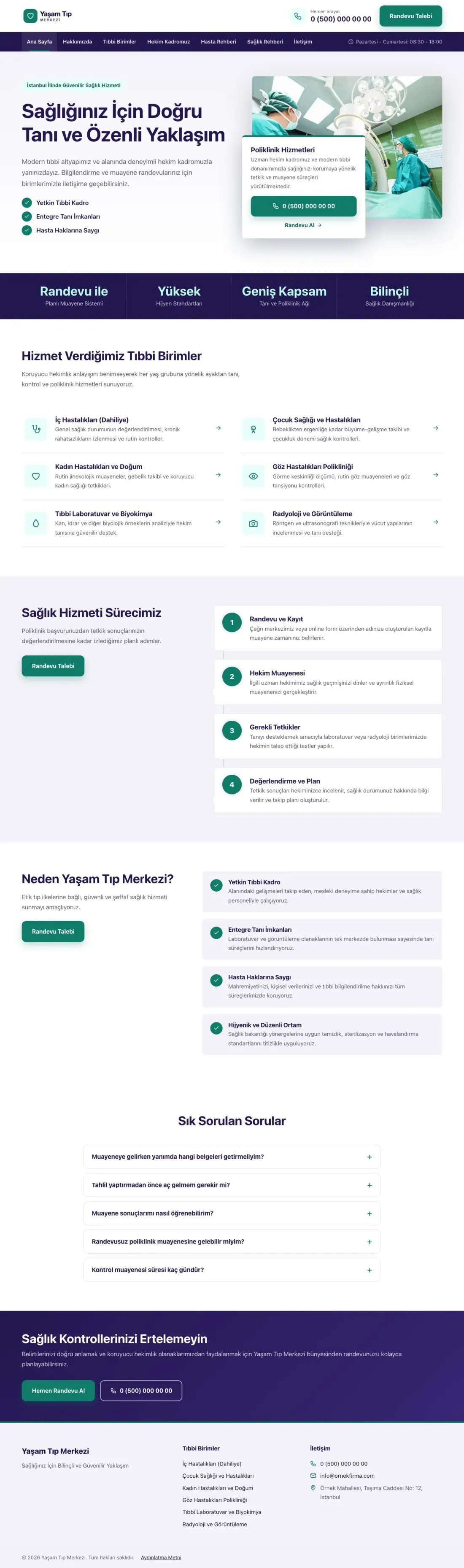 Bölünmüş Lacivert Turkuaz – Hastane ve Poliklinik Web Sitesi ana sayfa görünümü