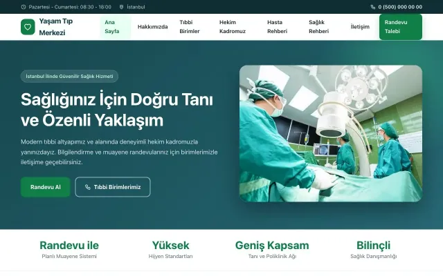 Hastane ve Poliklinik için Klasik Petrol Yeşil – Hastane ve Poliklinik Web Sitesi ana sayfa görünümü