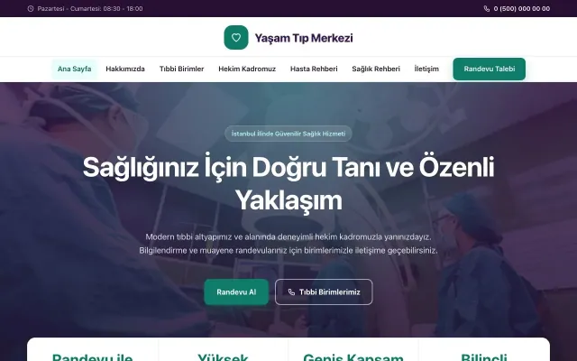 Hastane ve Poliklinik için Merkez Mor Turkuaz – Hastane ve Poliklinik Web Sitesi ana sayfa görünümü