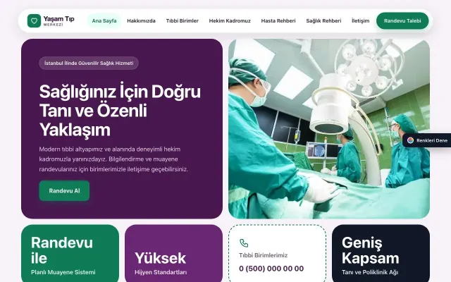 Hastane ve Poliklinik için Mozaik Mor Turkuaz – Hastane ve Poliklinik Web Sitesi ana sayfa görünümü