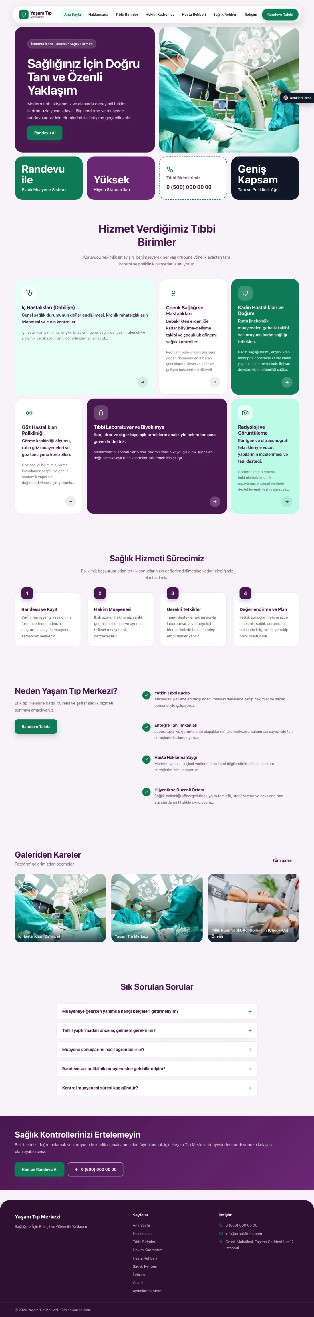 Hastane ve Poliklinik için Mozaik Mor Turkuaz – Hastane ve Poliklinik Web Sitesi ana sayfa görünümü