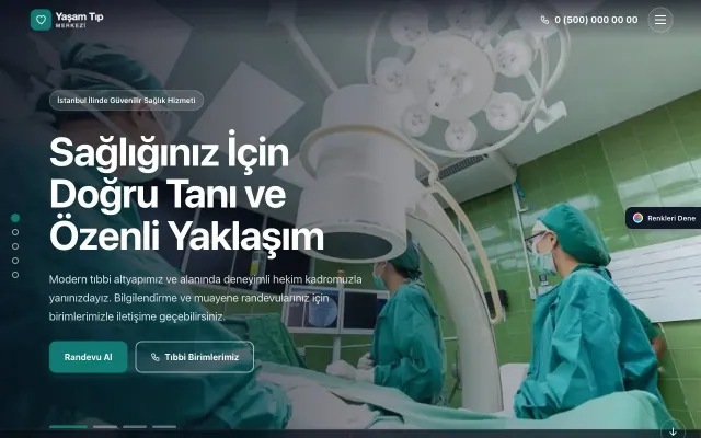 Hastane ve Poliklinik için Tam Ekran Mor Turkuaz – Hastane ve Poliklinik Web Sitesi ana sayfa görünümü