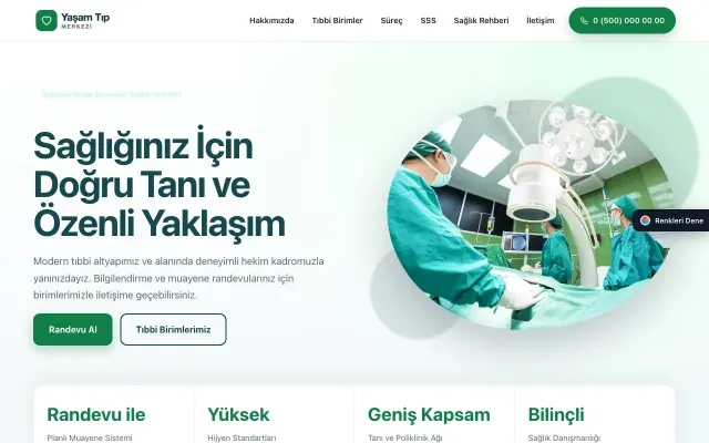 Hastane ve Poliklinik için Tek Sayfa Petrol Yeşil – Hastane ve Poliklinik Web Sitesi ana sayfa görünümü