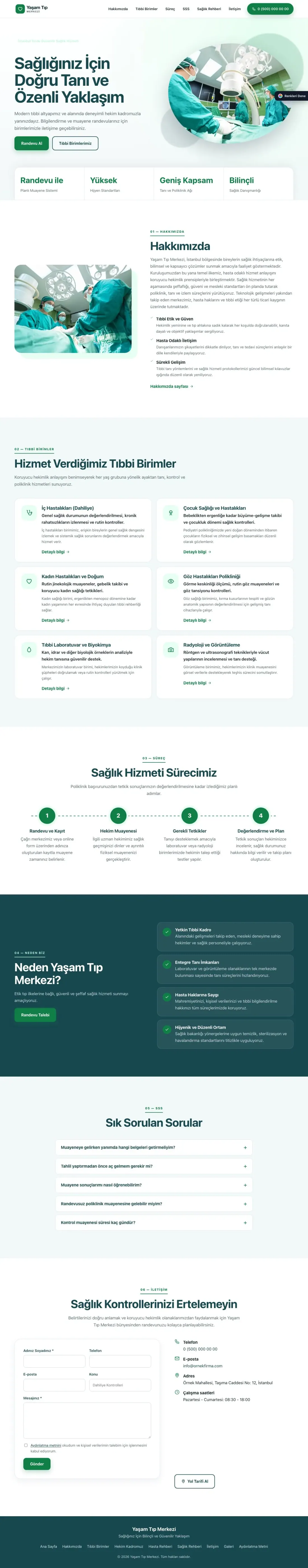 Hastane ve Poliklinik için Tek Sayfa Petrol Yeşil – Hastane ve Poliklinik Web Sitesi ana sayfa görünümü