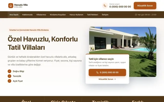 Havuzlu Villa Kiralama için Bölünmüş Kahve Turuncu – Havuzlu Villa Kiralama Web Sitesi ana sayfa görünümü