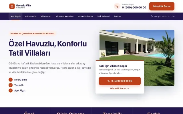 Havuzlu Villa Kiralama için Bölünmüş Lacivert Turuncu – Havuzlu Villa Kiralama Web Sitesi ana sayfa görünümü