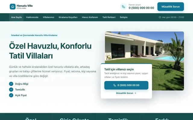 Havuzlu Villa Kiralama için Bölünmüş Petrol Turkuaz – Havuzlu Villa Kiralama Web Sitesi ana sayfa görünümü
