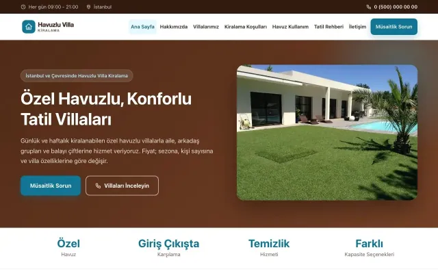 Havuzlu Villa Kiralama için Klasik Kahve Turkuaz – Havuzlu Villa Kiralama Web Sitesi ana sayfa görünümü