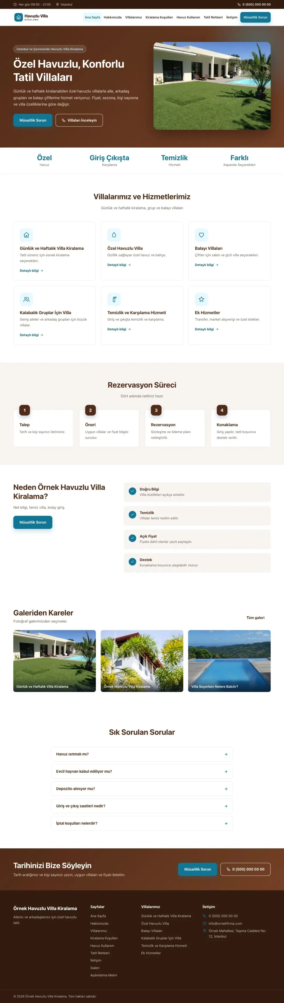 Havuzlu Villa Kiralama için Klasik Kahve Turkuaz – Havuzlu Villa Kiralama Web Sitesi ana sayfa görünümü
