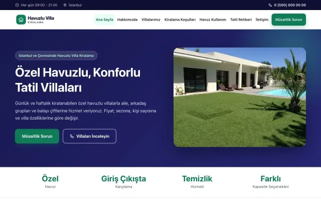 Havuzlu Villa Kiralama için Klasik Lacivert Turkuaz – Havuzlu Villa Kiralama Web Sitesi ana sayfa görünümü