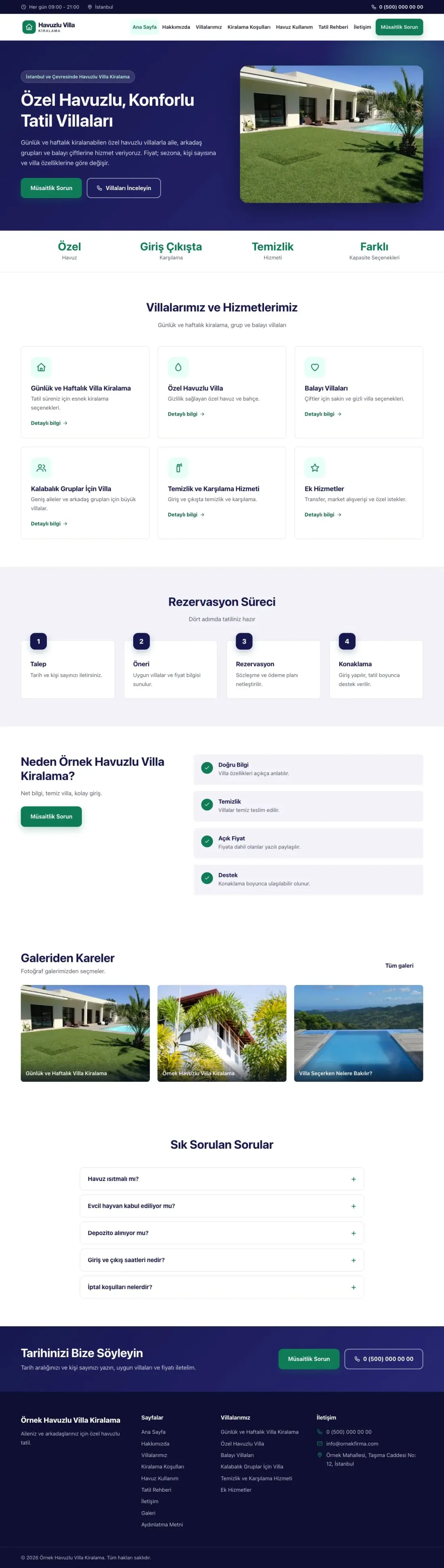 Havuzlu Villa Kiralama için Klasik Lacivert Turkuaz – Havuzlu Villa Kiralama Web Sitesi ana sayfa görünümü