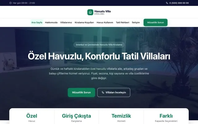 Havuzlu Villa Kiralama için Merkez Lacivert Turkuaz – Havuzlu Villa Kiralama Web Sitesi ana sayfa görünümü