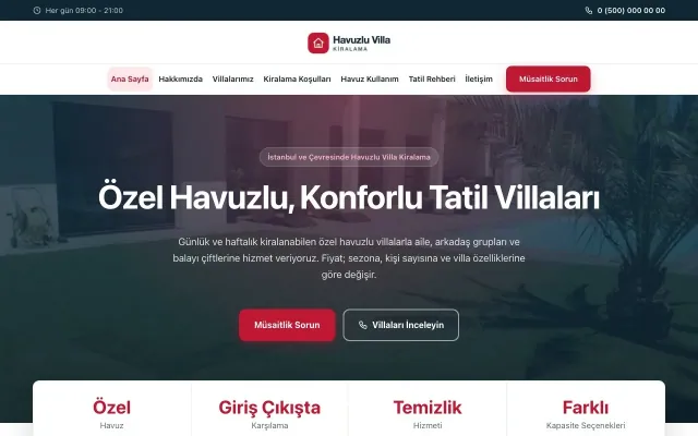 Havuzlu Villa Kiralama için Merkez Mavi Kırmızı – Havuzlu Villa Kiralama Web Sitesi ana sayfa görünümü