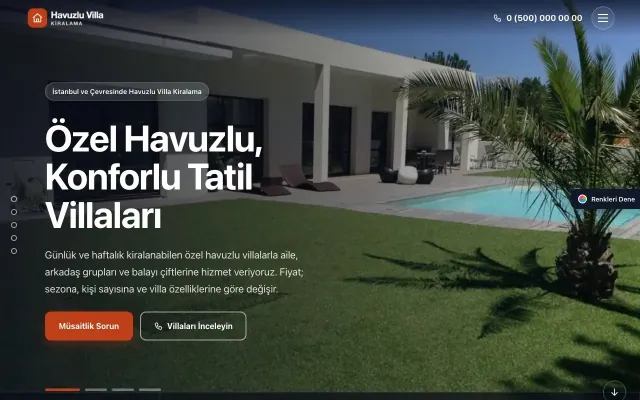 Havuzlu Villa Kiralama için Tam Ekran Mavi Turuncu – Havuzlu Villa Kiralama Web Sitesi ana sayfa görünümü