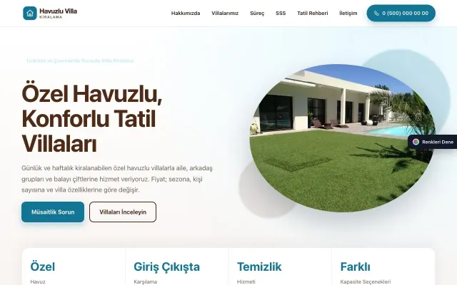Havuzlu Villa Kiralama için Tek Sayfa Kahve Turkuaz – Havuzlu Villa Kiralama Web Sitesi ana sayfa görünümü