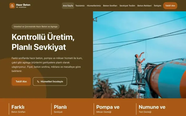 Hazır Beton ve Agrega için Blok Kahve Turuncu – Hazır Beton ve Agrega Web Sitesi ana sayfa görünümü