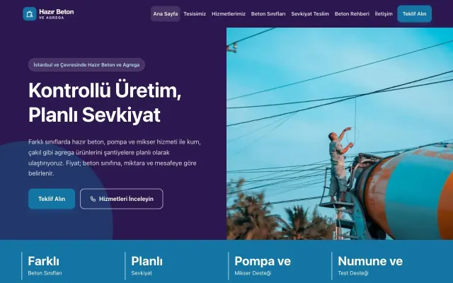 Hazır Beton ve Agrega için Blok Mor Mavi – Hazır Beton ve Agrega Web Sitesi ana sayfa görünümü