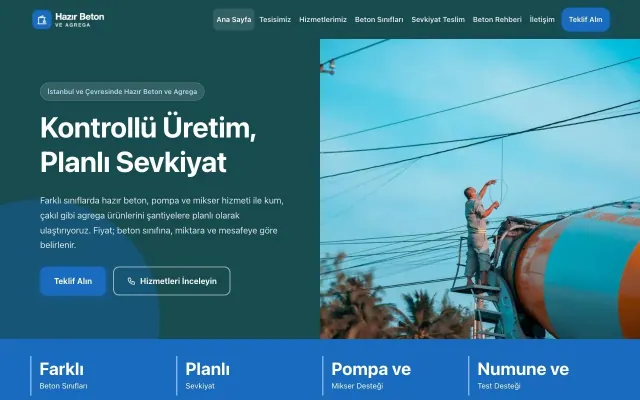 Hazır Beton ve Agrega için Blok Petrol Mavi – Hazır Beton ve Agrega Web Sitesi ana sayfa görünümü