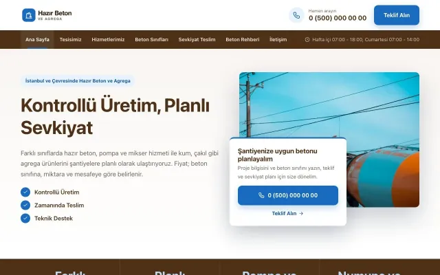 Hazır Beton ve Agrega için Bölünmüş Kahve Mavi – Hazır Beton ve Agrega Web Sitesi ana sayfa görünümü