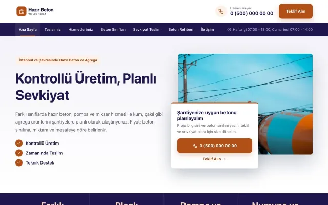 Hazır Beton ve Agrega için Bölünmüş Lacivert Turuncu – Hazır Beton ve Agrega Web Sitesi ana sayfa görünümü