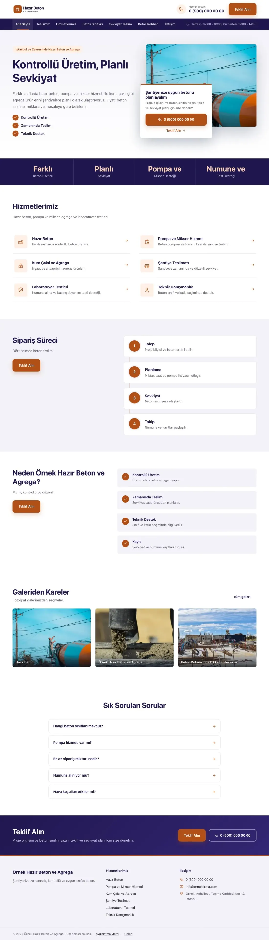 Hazır Beton ve Agrega için Bölünmüş Lacivert Turuncu – Hazır Beton ve Agrega Web Sitesi ana sayfa görünümü