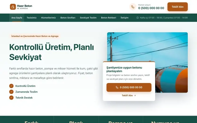 Hazır Beton ve Agrega için Bölünmüş Petrol Turuncu – Hazır Beton ve Agrega Web Sitesi ana sayfa görünümü