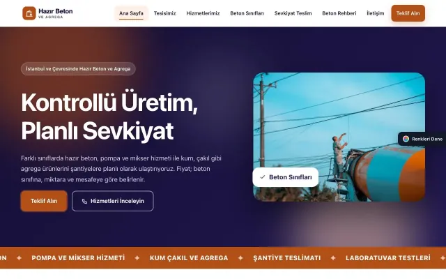 Hazır Beton ve Agrega için Hareketli Lacivert Turuncu – Hazır Beton ve Agrega Web Sitesi ana sayfa görünümü