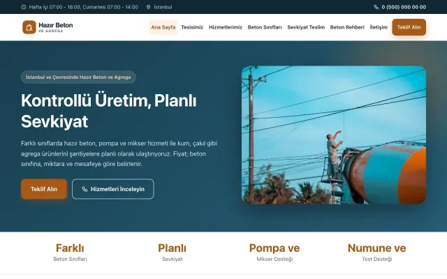Hazır Beton ve Agrega için Klasik Mavi Turuncu – Hazır Beton ve Agrega Web Sitesi ana sayfa görünümü