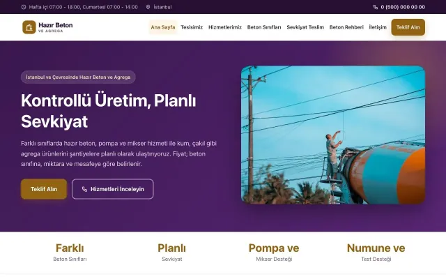 Hazır Beton ve Agrega için Klasik Mor Turuncu – Hazır Beton ve Agrega Web Sitesi ana sayfa görünümü