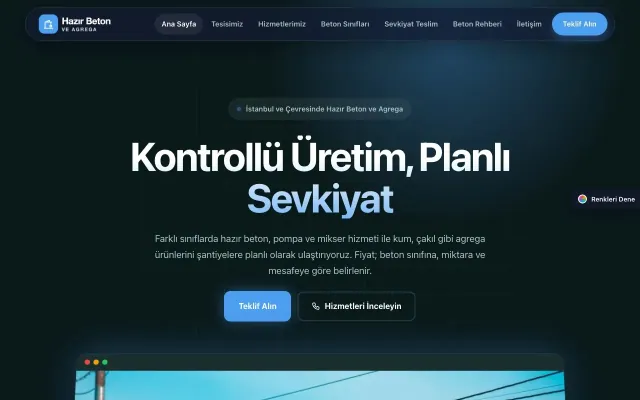 Hazır Beton ve Agrega için Koyu Modern Petrol Mavi – Hazır Beton ve Agrega Web Sitesi ana sayfa görünümü