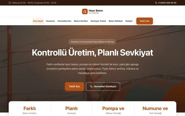 Hazır Beton ve Agrega için Merkez Kahve Turuncu – Hazır Beton ve Agrega Web Sitesi ana sayfa görünümü