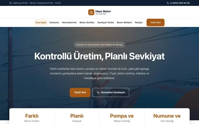 Hazır Beton ve Agrega için Merkez Mavi Turuncu – Hazır Beton ve Agrega Web Sitesi ana sayfa görünümü
