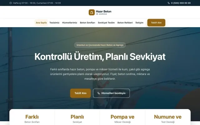 Hazır Beton ve Agrega için Merkez Mavi Turuncu II – Hazır Beton ve Agrega Web Sitesi ana sayfa görünümü