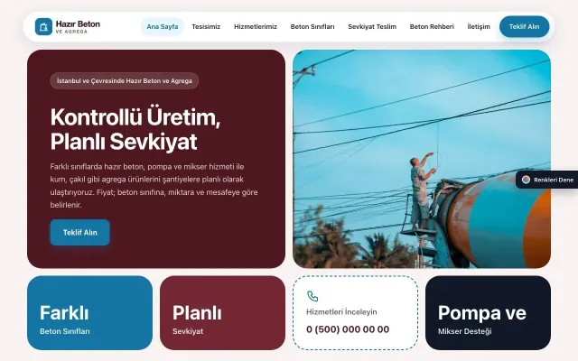 Hazır Beton ve Agrega için Mozaik Bordo Mavi – Hazır Beton ve Agrega Web Sitesi ana sayfa görünümü
