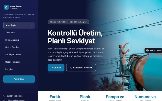Hazır Beton ve Agrega için Sol Menü Lacivert Mavi – Hazır Beton ve Agrega Web Sitesi ana sayfa görünümü