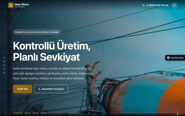 Hazır Beton ve Agrega için Tam Ekran Bordo Turuncu – Hazır Beton ve Agrega Web Sitesi ana sayfa görünümü