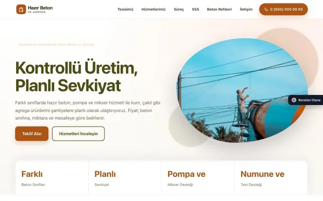 Hazır Beton ve Agrega için Tek Sayfa Zeytin Turuncu – Hazır Beton ve Agrega Web Sitesi ana sayfa görünümü